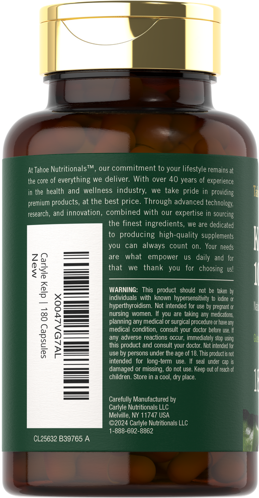 Bottle containing 180 capsules of 1000 mg Kelp, displayed in a brown container.