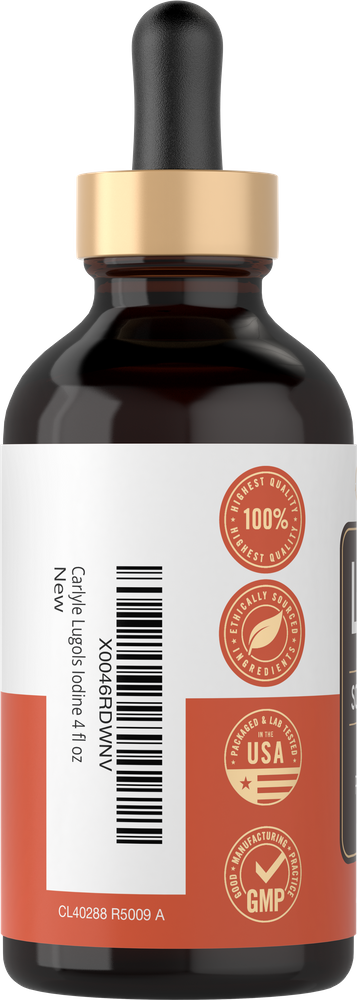 Carlyle Lugols Iodine liquid supplement, 4 fl oz bottle shown with hand for scale.