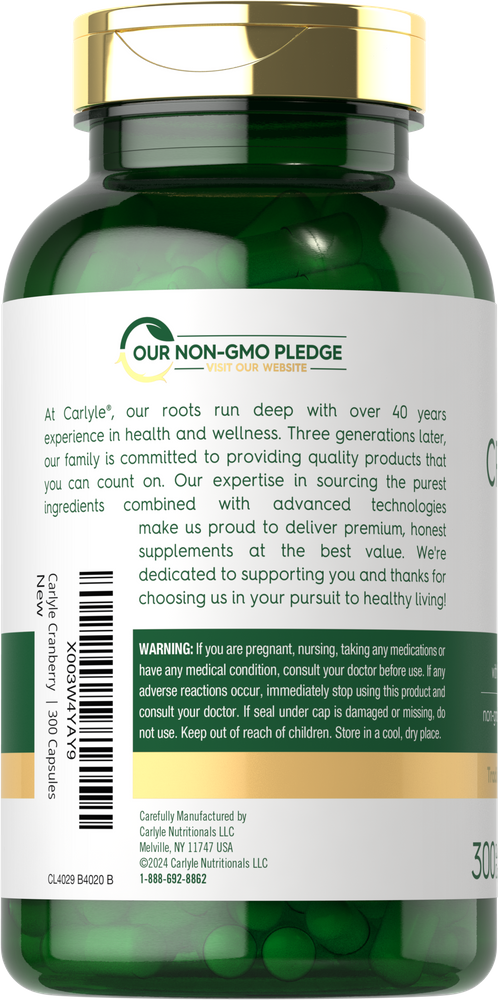 Carlyle Cranberry 300 Capsules shown on a scale in hand, perfect for maintaining urinary health with natural support.