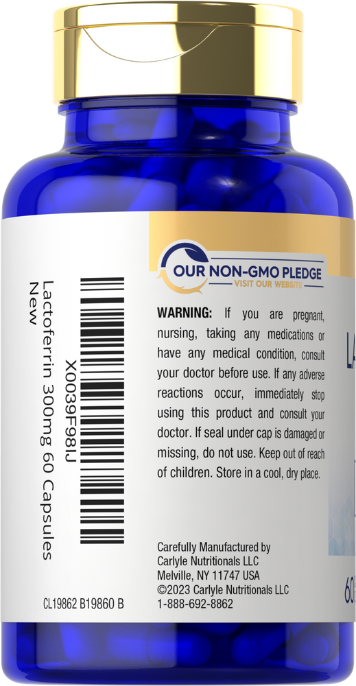 Hand holding a bottle of Lactoferrin 300 mg, containing 60 capsules.