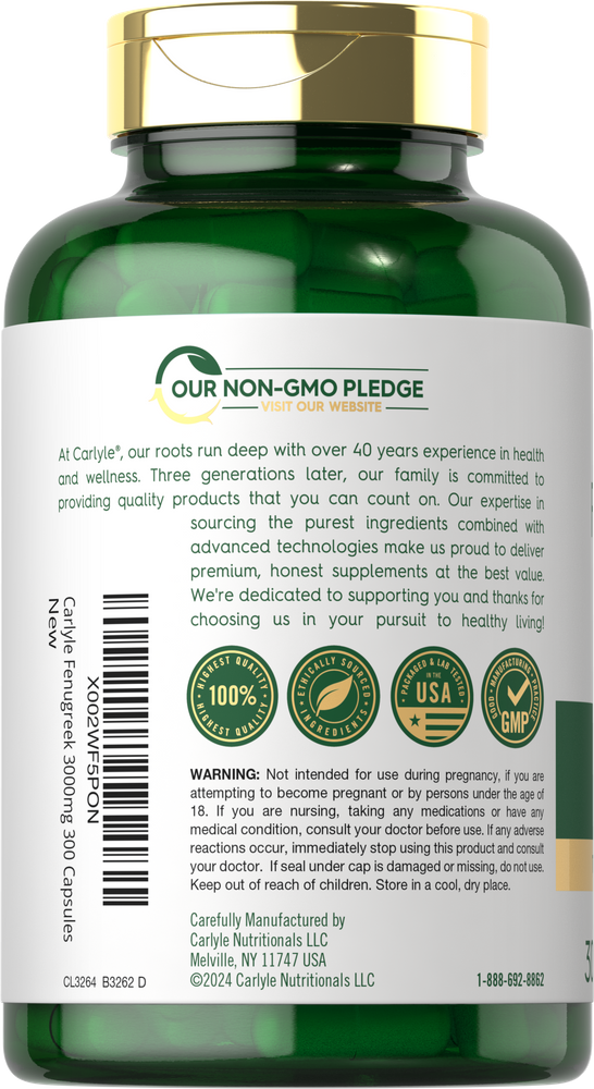 Bottle of Fenugreek 3000mg with 300 capsules shown on a hand scale for weight measurement, highlighting bulk product size.