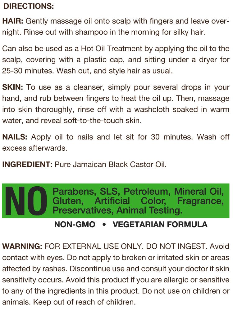 Label for Jamaican Black Castor Oil with directions for hair, skin, nails, ingredients, and warnings.