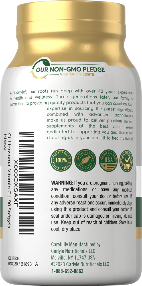 Hand holding a bottle of CL Liposomal Vitamin C containing 90 softgels, emphasizing its quantity and packaging for supplementation.