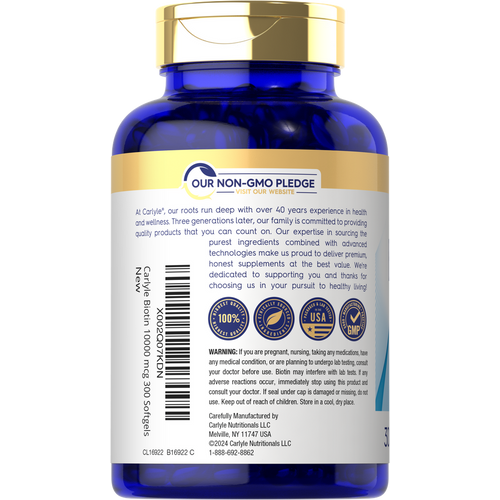 View 3 Carlyle Biotin 10000 mcg bottle with 300 softgels shown with hand for scale.