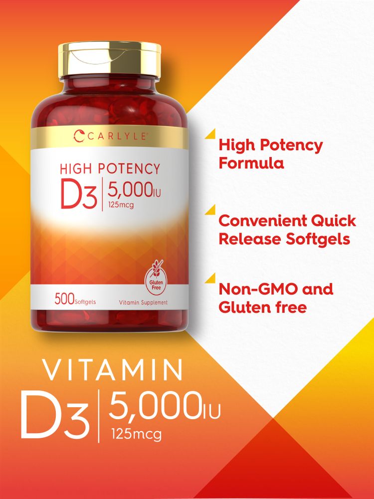Softgels of Vitamin D3, 5,000 IU, providing 125 mcg per serving, shown on a scale for measurement.