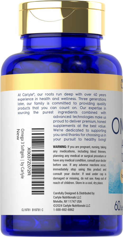 Carlyle Vegan Omega 3 Algae Oil Softgels, 60 count, are pictured on a hand scale showcasing product size and packaging.