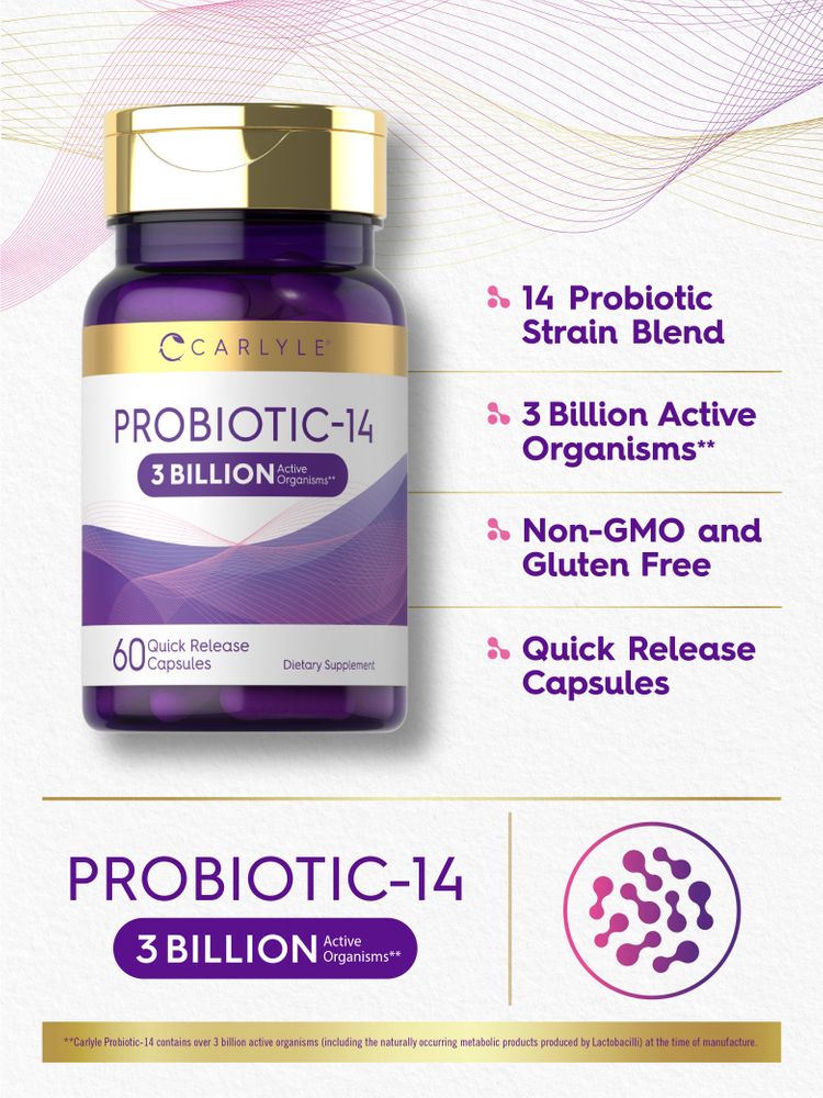 Carlyle Probiotic 14 offers 3 billion CFUs in 60 quick release capsules, perfect for daily use.