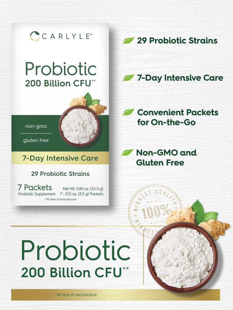 Carlyle Probiotic 200 Billion CFU box with a bowl of white probiotic powder and ginger roots.