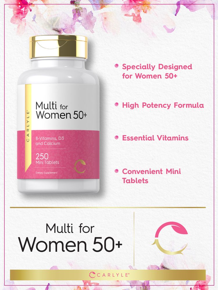 Carlyle Multi for Women 50+ in a 250 mini tablet bottle shown on a hand scale, emphasizing health benefits for senior women.