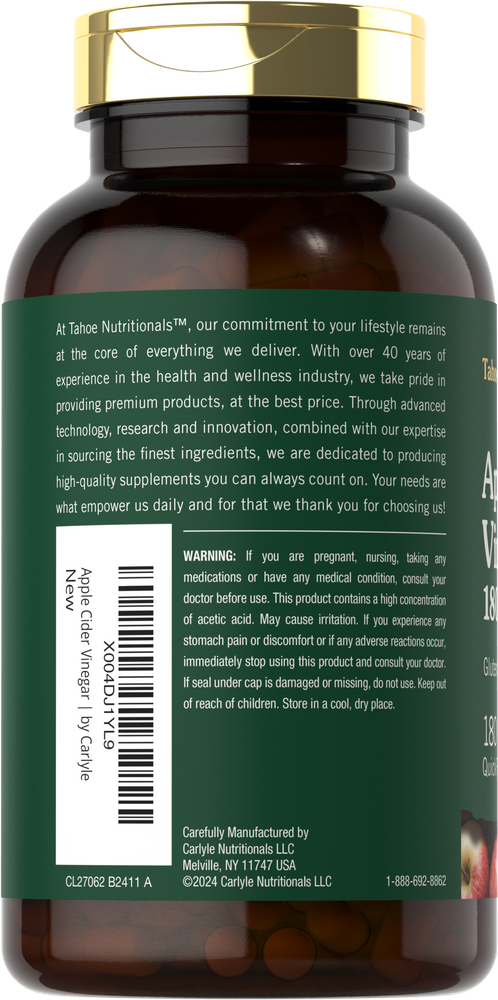 Bottle of Apple Cider Vinegar 1800mg, containing 180 capsules, with a gold cap.