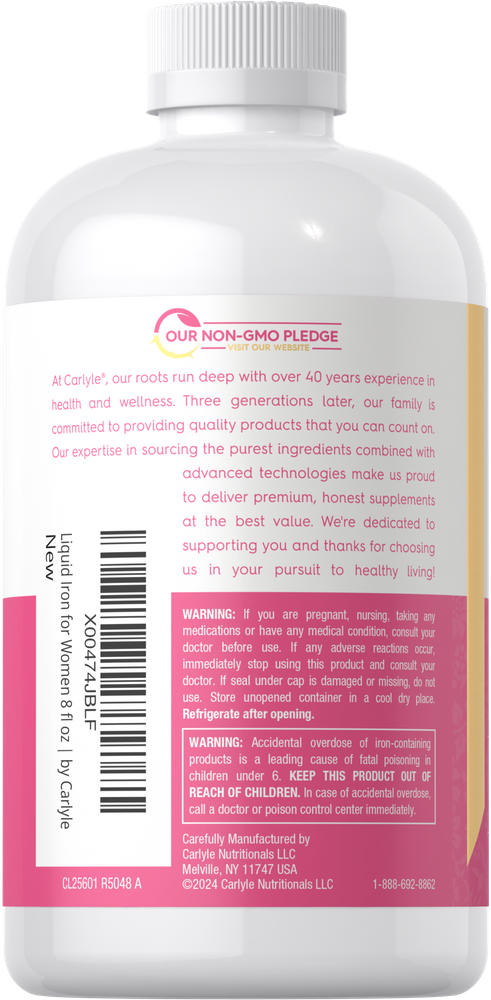 An 8 fl oz bottle of Liquid Iron for Women with a white cap and a pink and white label.