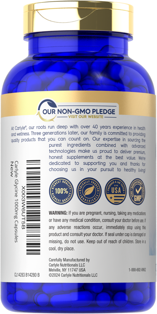 Bottle of Carlyle Glycine 1000mg Capsules shown with a hand for scale.