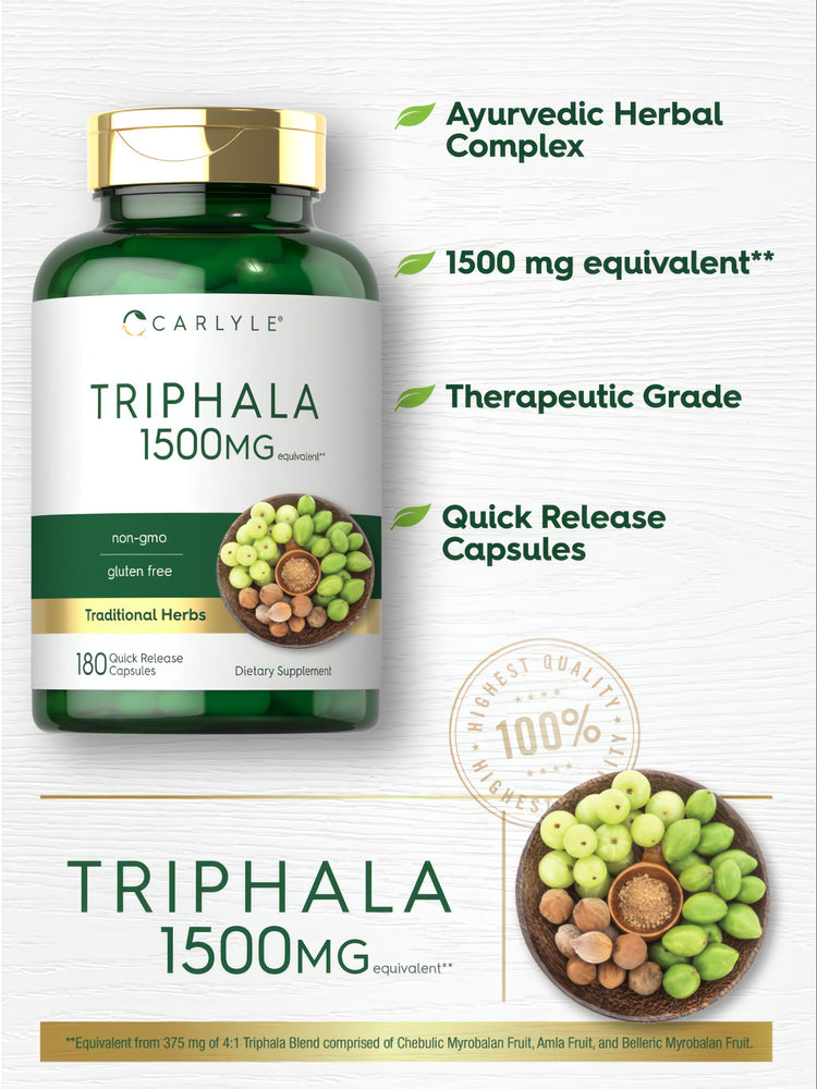 Triphala 1500 mg equivalent 180 Quick Release Capsules bottle and bowl of Chebulic Myrobalan, Amla, Belleric Myrobalan fruits.