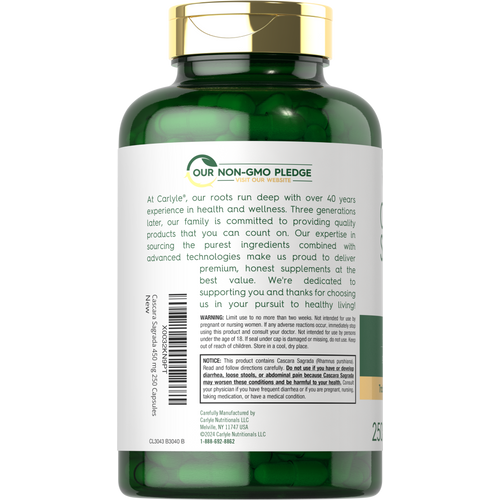 View 3 Carlyle Cascara Sagrada capsules, 450 mg, 250-count bottle, for herbal supplement needs.