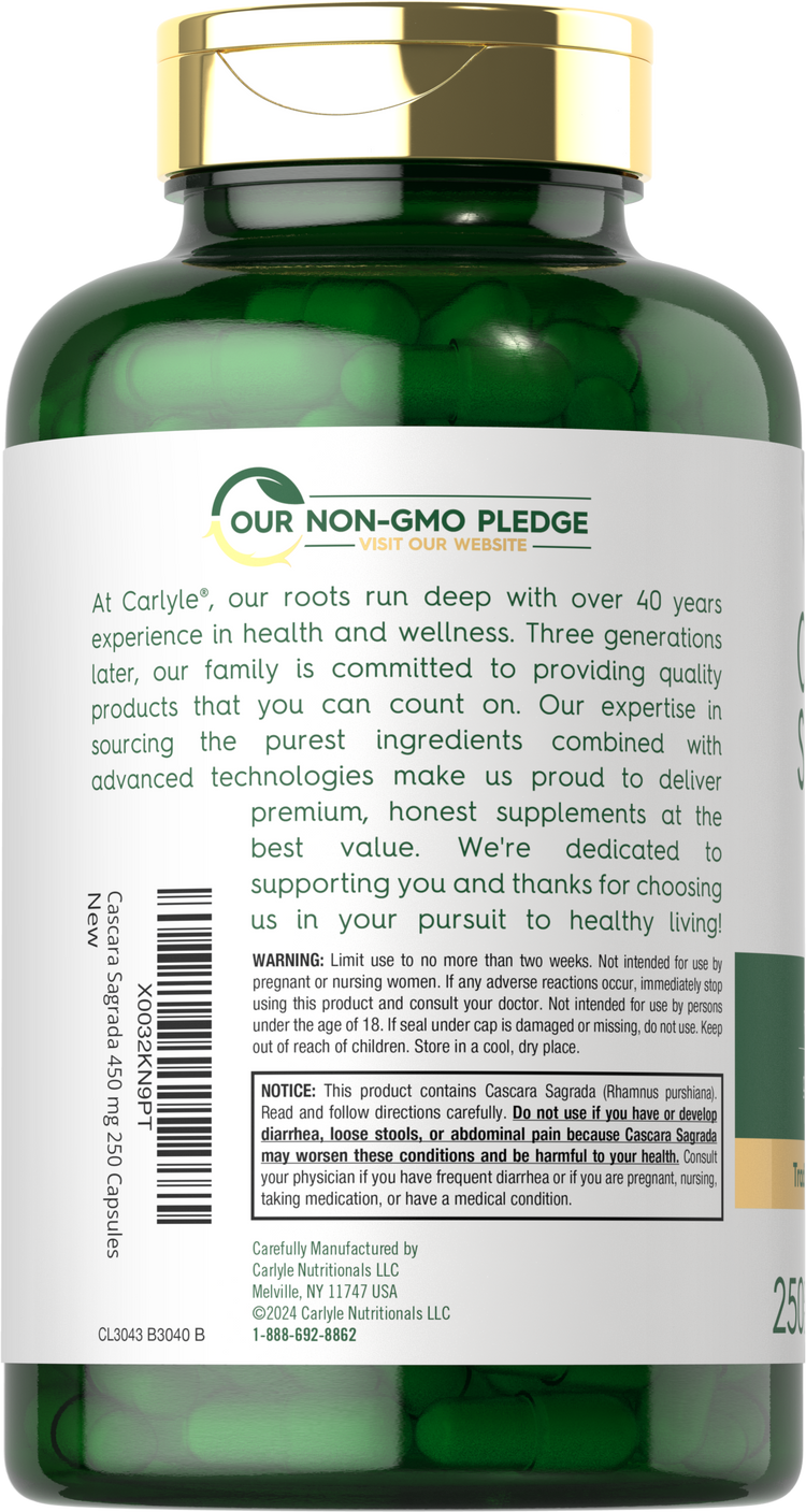 Carlyle Cascara Sagrada capsules, 450 mg, 250-count bottle, for herbal supplement needs.