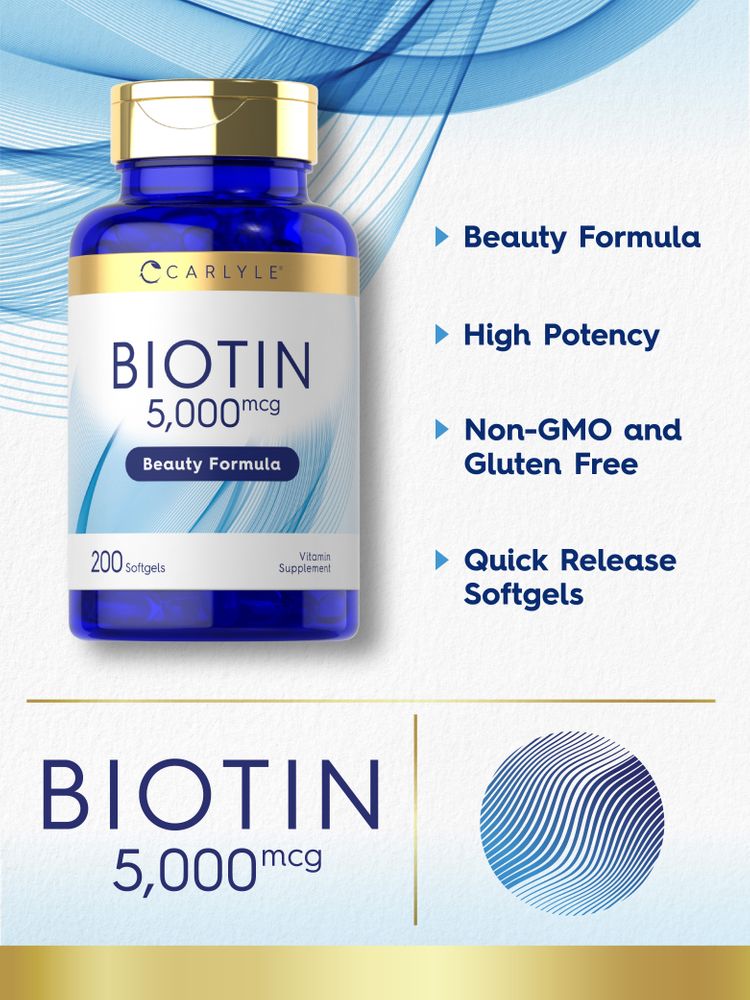 Carlyle Biotin 5,000 mcg, 200 softgels shown in an open hand for size reference.