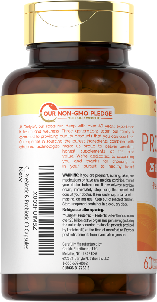 CLPrebiotic & Probiotic 25, 60 capsules, shown on a hand scale, indicating weight and size.