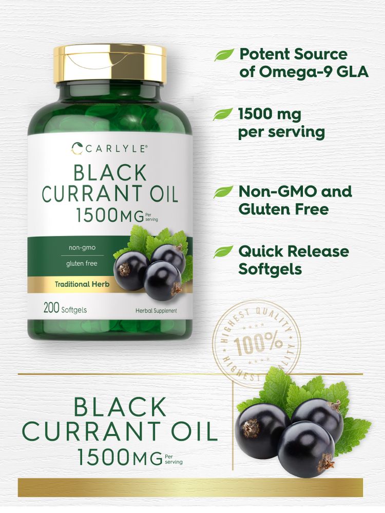 Carlyle Black Currant Oil 1500mg bottle with 200 softgels shown on a bulk scale labeled hand_scale for accurate measurement.
