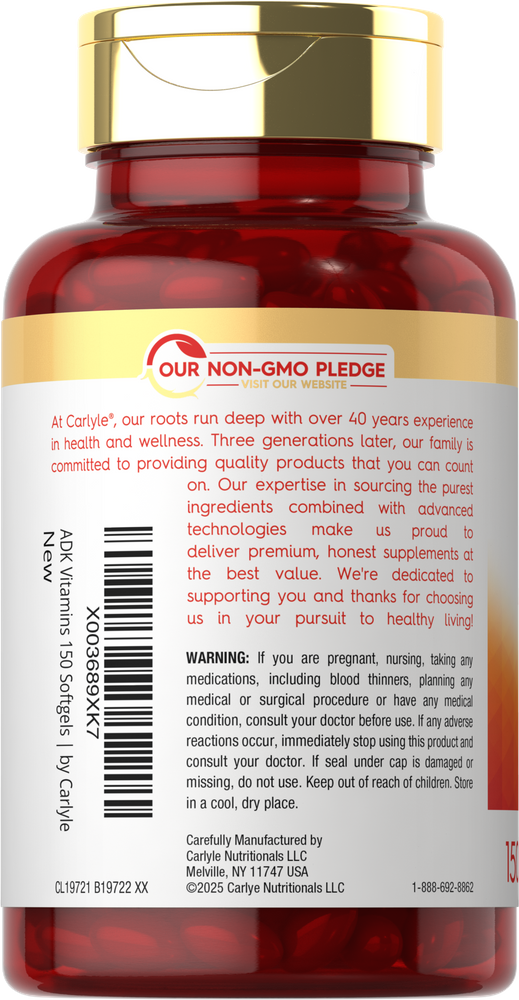 Carlyle ADK 150 Softgels weighed on a hand scale, showing bulk quantity packaging for supplements.