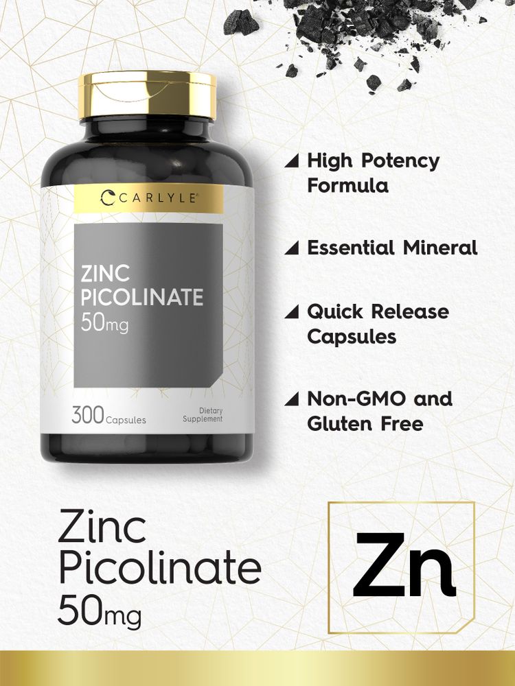 A hand holding a bottle of Zinc Picolinate 50mg capsules, containing 300 capsules, illustrating dietary supplement packaging.