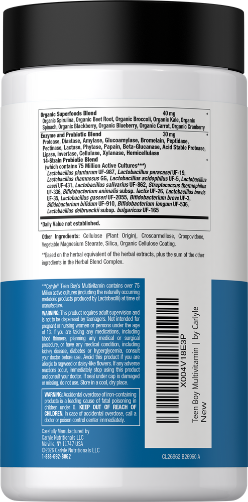 CL Teen Boy Multivitamin bottle with 60 tablets displayed on a hand scale for measurement and size reference.