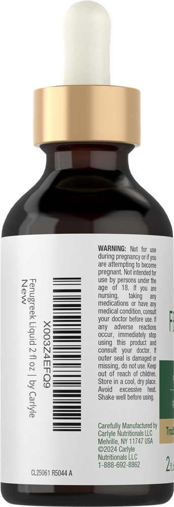 Hand holding a Carlyle Fenugreek Liquid 2 fl oz dropper bottle, demonstrating the product size and scale.
