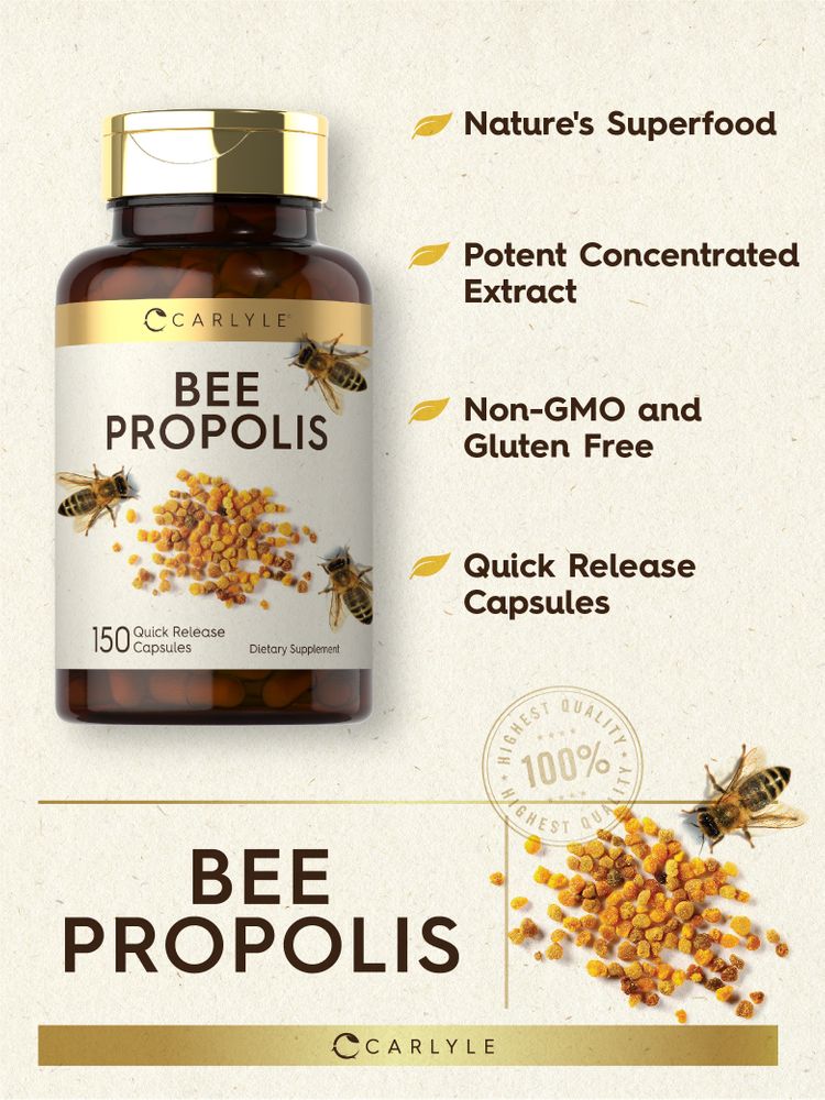 A bottle of Carlyle Bee Propolis 150 Quick Release Capsules with scattered propolis pellets and bees visible.