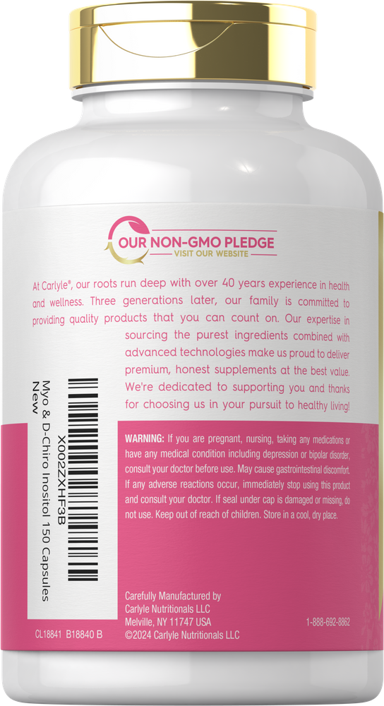 Bottle of Myo & D-Chiro Inositol featuring 150 capsules, shown in hand to demonstrate bulk scale.
