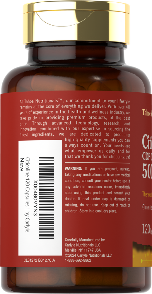Tahoe Nutritionals Citicoline 500mg, 120 capsules displayed on a hand scale, illustrating bulk quantity and supplement size.