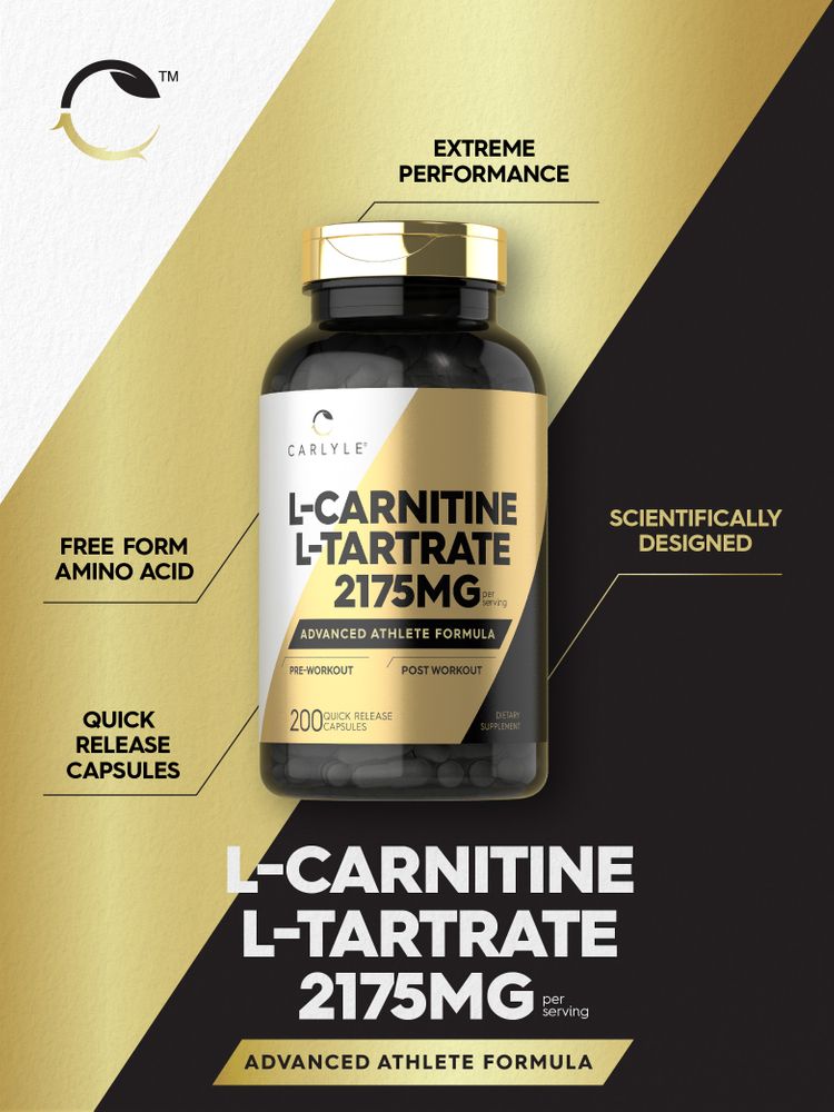 Bottle of L-Carnitine L-Tartrate with 2175mg per serving and 200 quick-release capsules, shown on a hand scale.