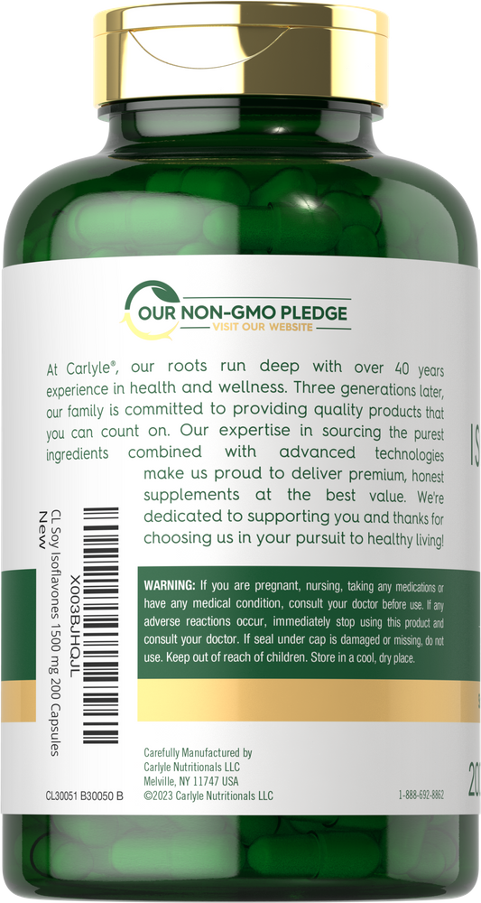 A bottle of Cl Carlyle Soy Isoflavones containing 200 green capsules, each 1500 mg.