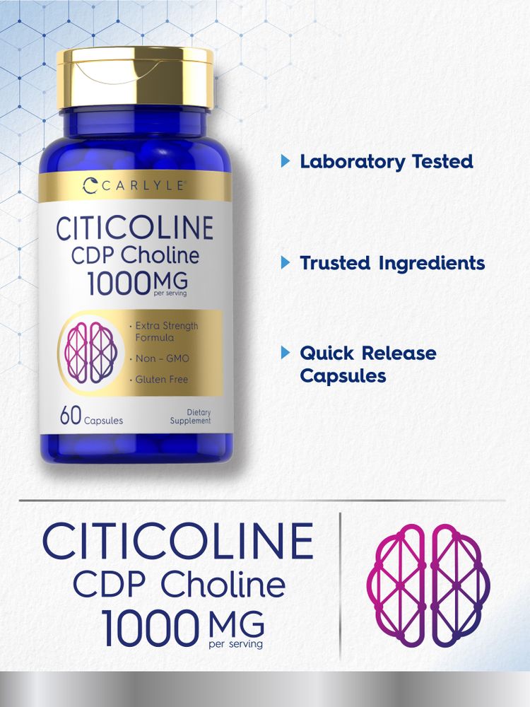 Carlyle Citicoline CDP Choline 1000mg capsules on a hand scale for size reference.