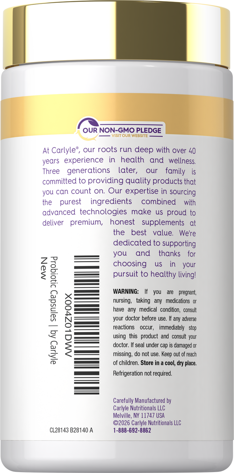 Probiotic supplement with 150 billion CFU, containing 30 capsules for digestive health support.