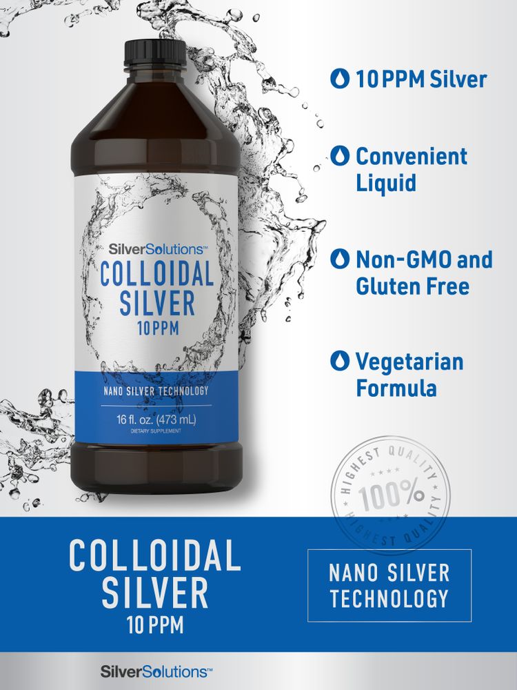 16 fl. oz. bottle of Colloidal Silver 10 PPM liquid (473 mL) shown on scale.