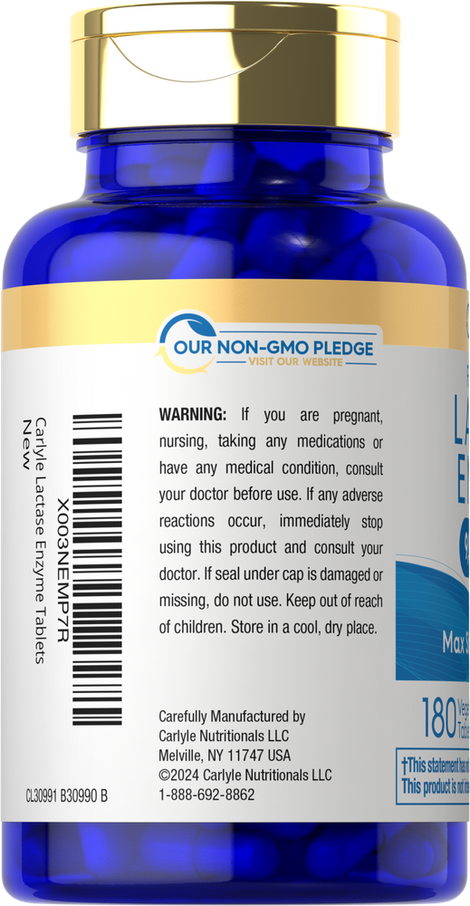 A hand holding a bottle of Carlyle Lactase Enzyme containing 180 vegetarian tablets, ideal for lactose digestion support.