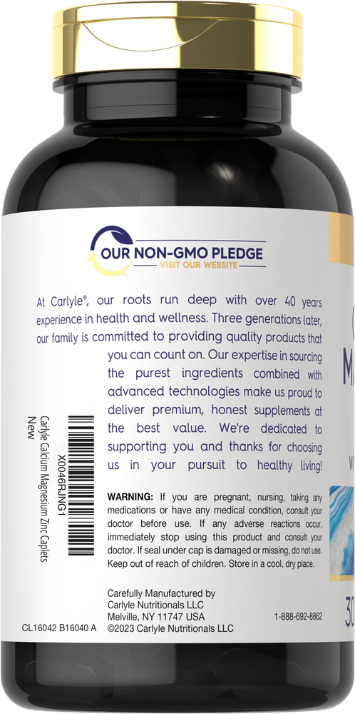 Bottle of Carlyle Calcium Magnesium Zinc with 300 caplets.