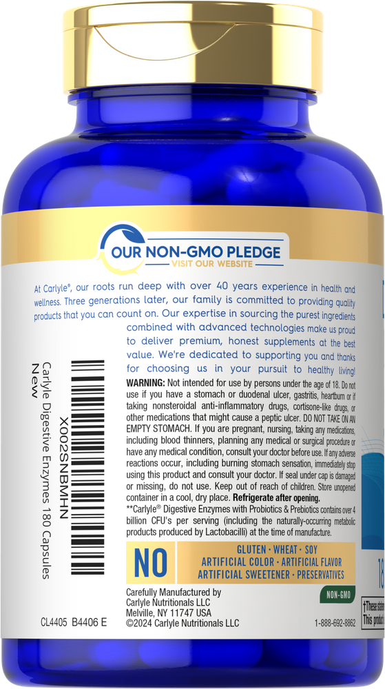 180 capsules of Carlyle Digestive Enzymes in a bottle displayed on a hand-sized scale.