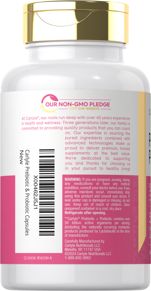 Carlyle hand holding Prebiotic & Probiotic bottle with 50 capsules.