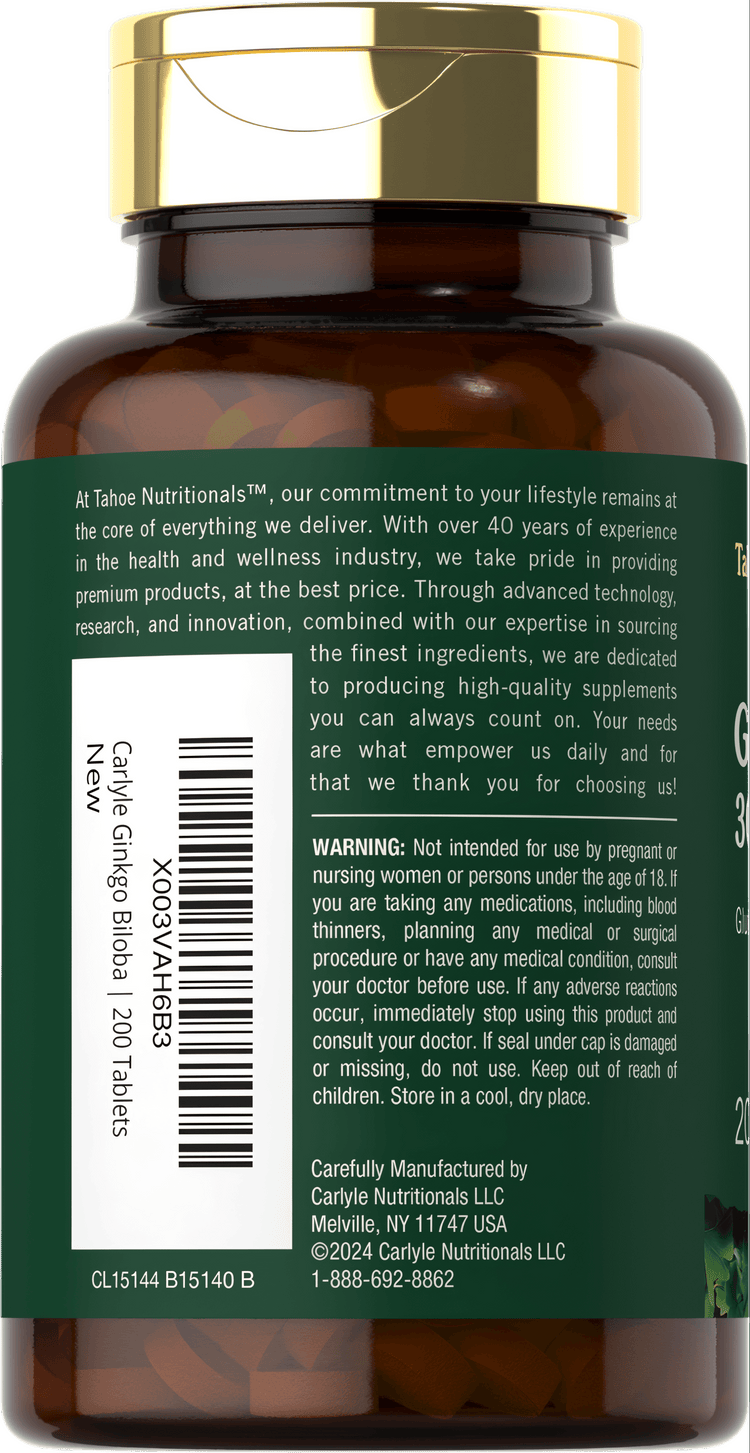 Carlyle Ginkgo Biloba 200 Tablets bottle shown on a hand for size reference.