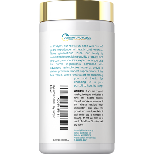 View 3 Carlyle Hyaluronic Acid 50 mg bottle contains 90 capsules.
