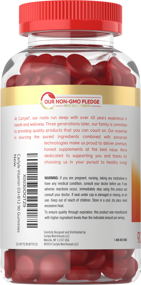 Hand holding a bottle of Carlyle Vitamin D3+B12, containing 90 gummies for daily wellness support.