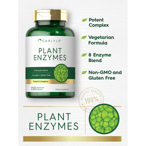 View 3 Plant Enzymes 250 Veg Caps bottle with Potent Complex, Vegetarian Formula, 8 Enzyme Blend, Non-GMO, and Gluten Free claims.