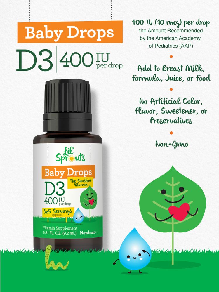 Lil' Sprouts Baby Drops D3 liquid bottle, 400 IU per drop, 0.31 fl. oz. (9.2 mL), provides 365 servings, shown on a scale.