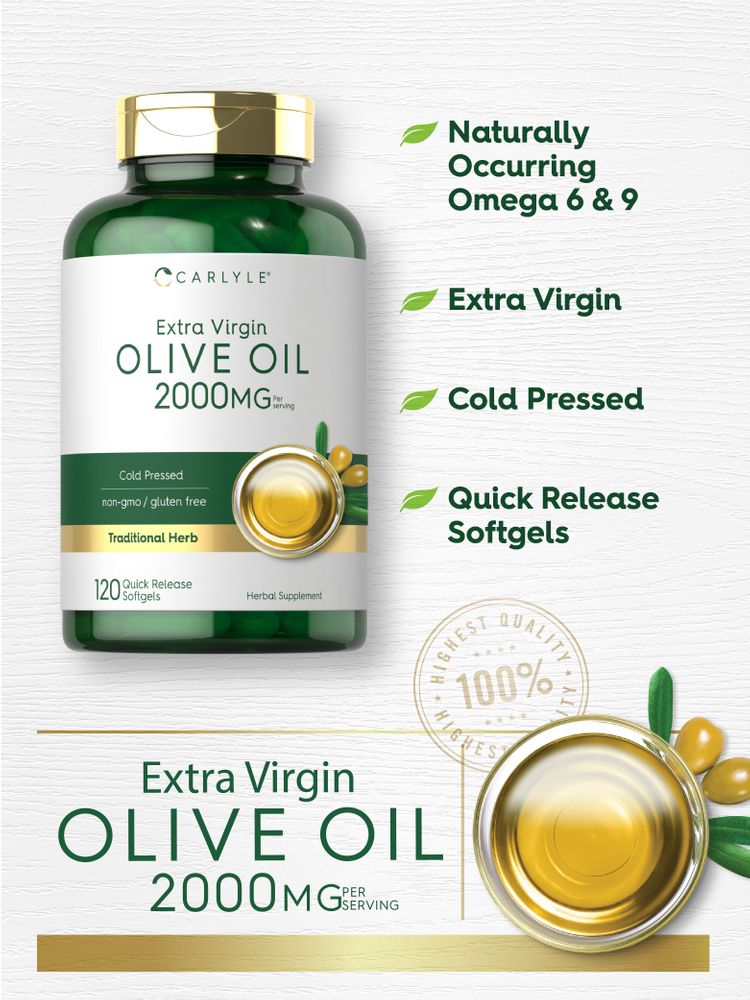 A hand holding a scale with 2000mg quick release softgels of extra virgin olive oil.