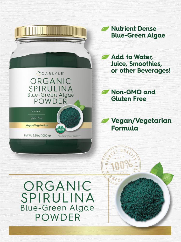 Hand holding a bulk scale of Organic Spirulina Blue-Green Algae Powder, weighing 2.2 lbs (1000 g).