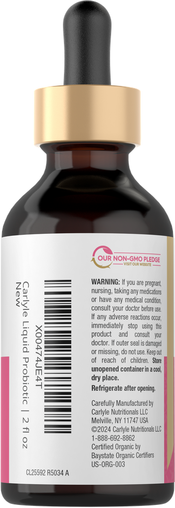 Carlyle Liquid Probiotic, 2 fl oz, held on a hand scale for bulk measurement.
