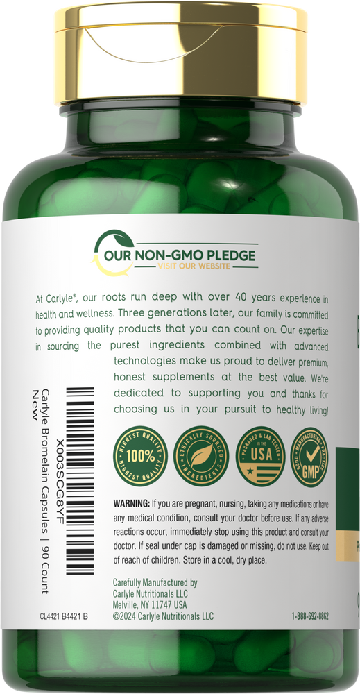 A bottle of Carlyle Bromelain 1700 mg capsules containing 90 capsules.