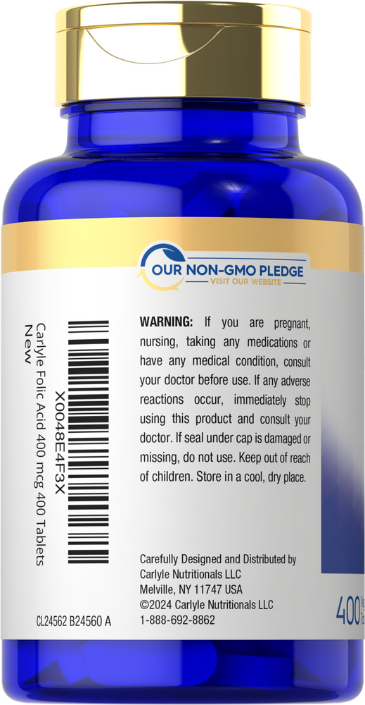 Carlyle Folic Acid 400 mcg, bottle containing 400 tablets is shown next to a hand for size comparison.