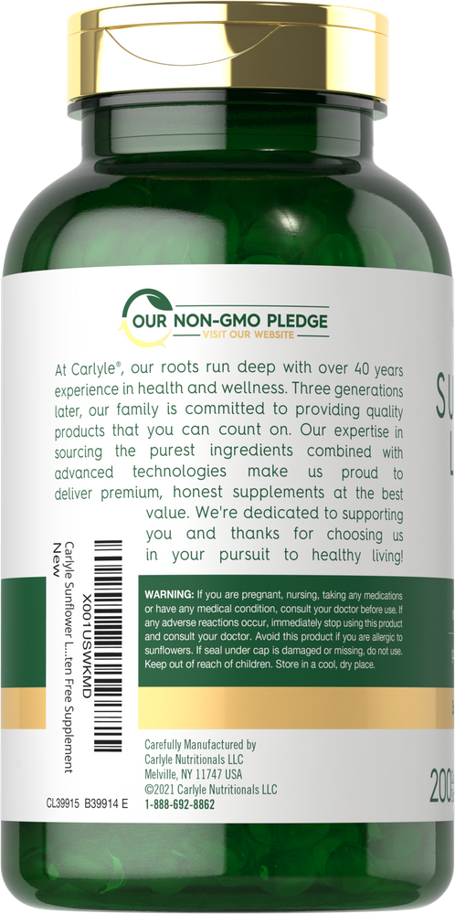 A hand holds a bottle of Carlyle Sunflower Lecithin containing 200 softgels, demonstrating the scale of the product.