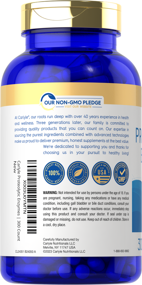 Carlyle Proteolytic Enzymes 300 Capsules shown on a hand scale, highlighting the bulk size of the bottle.